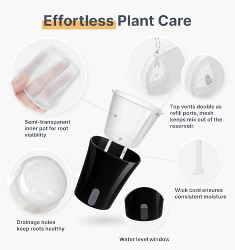 8 Pack 4" Self Watering Pots for Indoor Plants, Clear Inner Cup, Small Black Plastic Planters, Water Level Indicator, Drainage Holes, Extra 3ft Wick, Cuttings,Seedlings,Herb,African Violets