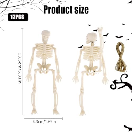 12 Pcs 6" Mini Skeleton Figurines -Small Posable Halloween Skeleton Decorations, Plastic Skeletons for Spooky Home Decor, Haunted House, Party Favors and Gift Bag Fillers