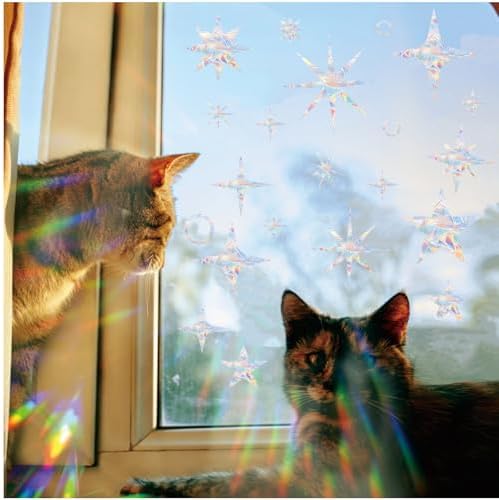 33PCS Star Window Stickers Prevent Birds from Hitting Windows, Rainbow Sun Catcher Stickers No Glue Required, Non-Adhesive Reusable Vinyl Rainbow Stickers