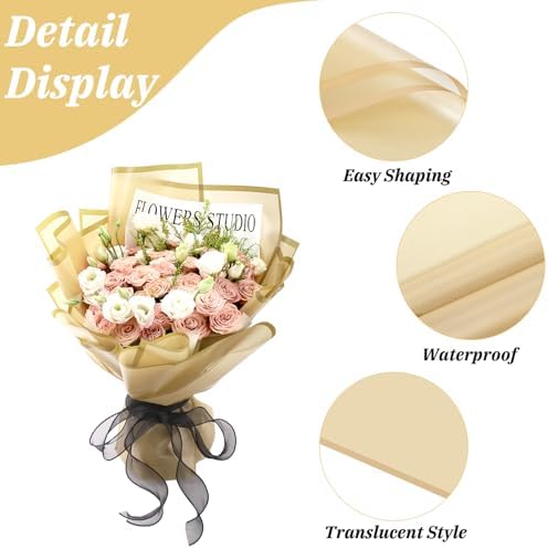 Rumvan Flower Wrapping Paper, 20 Sheets, Waterproof, Floral Bouquet Design, for Wedding, Birthday Gift, DIY Florist Supplies (Translucent white) (Translucent gold, 20 Sheets)
