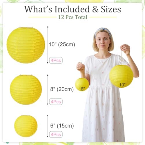 Yellow Paper Lanterns, 12Pcs 6-10 Inch Round Hanging Party Decorations