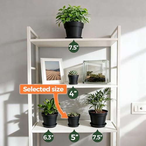 T4U Small Plant Pots 5 Inch 8 Pack, Plastic Indoor Flower Pots Saucer Black