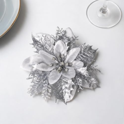30PCS Artificial Christmas Poinsettia Flowers with Clips and Stems, 5.5 Inch Glitter Silver Xmas Tree Decorations, Holiday Poinsettia Picks Ornaments for Christmas Tree, Wreaths, Garlands & Home