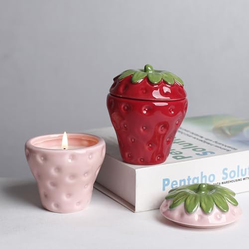 Strawberry Shaped Ceramic Candle Holders with Lid, Scented Candle Jar