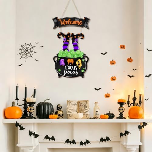 Halloween Witches Door Sign, Hocus Pocus Wreath Wooden Hanging Decor, Witch Legs Cauldron Front Door Hanger, Happy Halloween Welcome Plaque for Porch Home Farmhouse Wall Decor Holiday Party Supplies