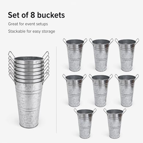 Galvanized Flower Bucket Set of 8, 10.6" Tall Metal Floral Buckets with Plastic Liner, 5.9" Top Opening, Tabletop Buckets for Flower Bar, Wedding Centerpieces, Bouquet Display