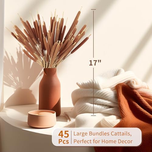 45pcs Large Natural Brown Cattails Bundles, 17'' Real Dried Flowers