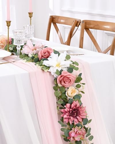 Waipfaru 8.85Ft Flower Garland, Eucalyptus Greenery Garland with Flowers, Pink Rose Floral Vines for Wedding Reception Table Mantle Room Spring Summer Decor (Pink) (Pack of 3)