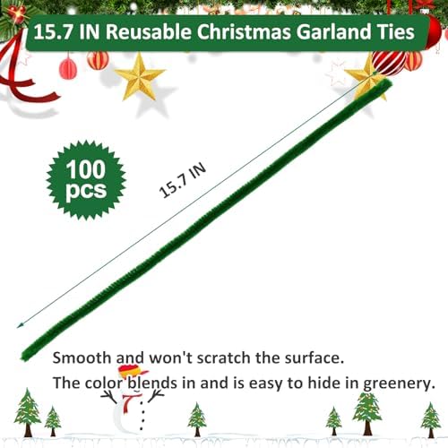 100PCS Christmas Garland Ties Green Fuzzy Chenille Stems Decorative Garland Twist Ties Reusable Holiday Wreath Hanger Fuzzy Sticks for Banister Railing Staircase Wreath Making Xmas Tree Craft Supplies