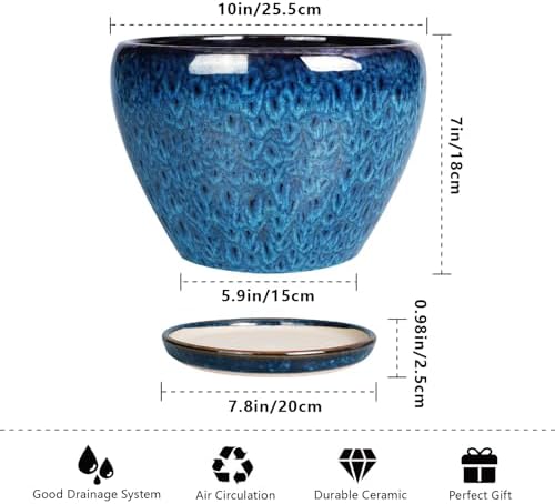 Ceramicfor 10 Inch Ceramic Planter Pot, Ceramic Plant Pot for Indoor Outdoor Plants, Large Flower Pot with Drainage Hole and Saucer, Blue