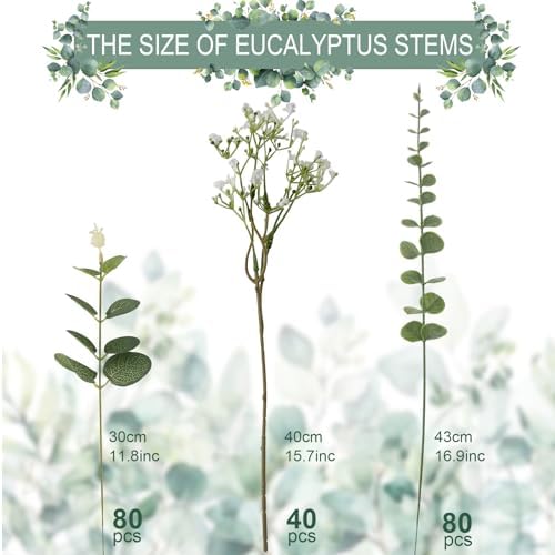 lovemoon 200 Pcs Mixed Greenery Artificial Eucalyptus Stems, Baby Breath Artificial Flowers Bulk and Eucalyptus Leaves for Wedding Bouquets Home Office Floral Decor (200, Green and White)