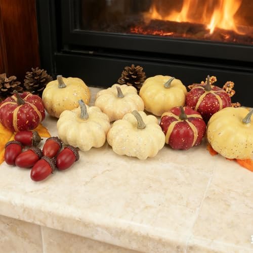 23Pcs Fake Pumpkins Fall Thanksgiving Decorations,Plastic Pumpkins with Acorns,Maple Leaves,Pine cones,Berries, Artificial Mini Pumpkin Decorating Harvest Home Decor Centerpiece Table Decorations
