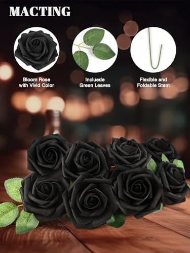 30PCS Black Artificial Flowers, Fake Roses for Halloween Decorations