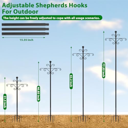 2 Pack 76 Inch Shepherd Hooks, Heavy Duty Bird Feeder Pole 7 Prong Base
