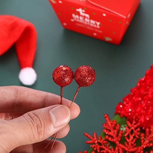 BBTO Artificial Holly Berries, 100 Pieces Mini 10 mm Fake Berries Decor on Wire for Christmas Tree Decorations Flower Wreath DIY Craft Use (Sequined Red)