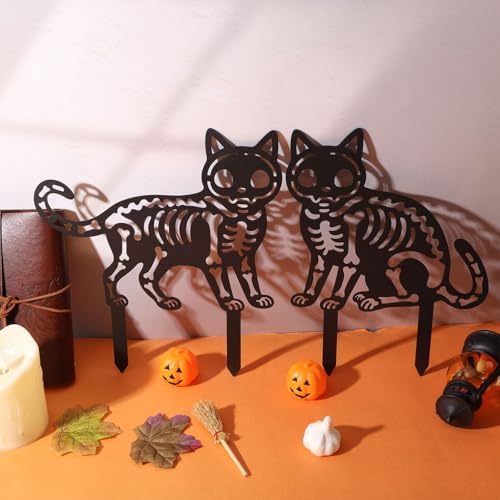 GLOBLELAND 2 Pcs Halloween Skull Cat Garden Stakes Black Cat Silhouette Metal Decorative Garden Stakes Metal Yard Signs Halloween Decorations for Holiday Lawn Patio Yard Decor