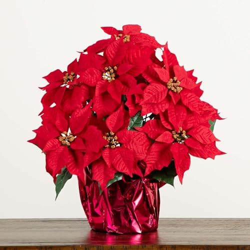 Nearly Natural 19 in Artificial Lush Red Poinsettia in Wrapped Planter