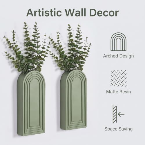 Dnnnii 2 Pack Wooden Wall Vase Set - Green Finish Modern Farmhouse & Boho Wall Decor for Entryway, Hallway, Bathroom, Living Room, Dining Room, Narrow Spaces