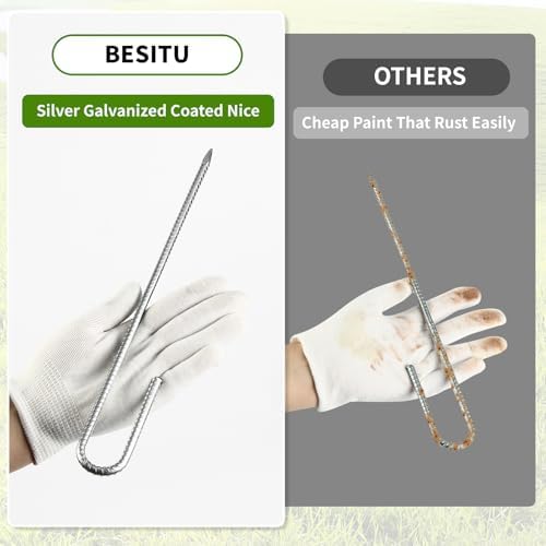 Besitu 12 inch Fence Stakes Heavy Duty 50-Pack J Hook Rebar Ground Stakes Anchor Galvanized Tent Stakes for Outdoor Decorations Inflatables Metal Stakes for Wire Fencing