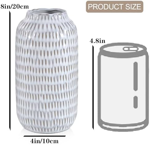 Ceramic Vase for Flowers – Modern Small Ribbed Textured Flower Vase for Home Decor, Pampas Grass, Decorative, Farmhouse, Coffee Table, Kitchen Centerpieces, Bookshelf and Home Living (Glaze White)