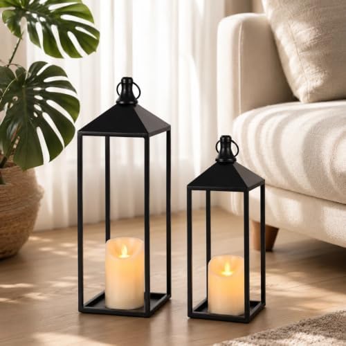 Lanterns Decorative Outdoor Indoor, 17" 13" Set of 2 Black Candle Lanterns