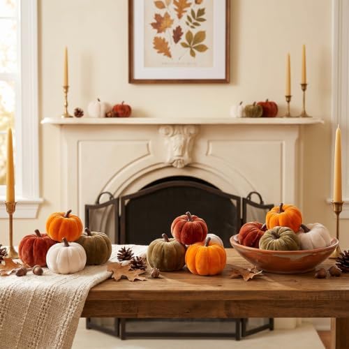 FJAKA 12 Pcs Velvet Pumpkin Mini Decor, Artificial Small Foam Pumpkins Fall Thanksgiving Home Table Indoor Decorations