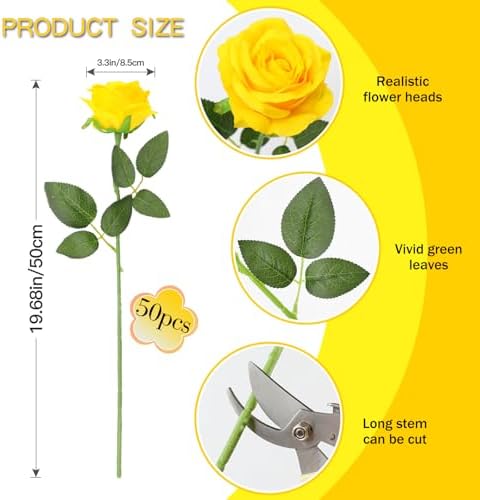 50PCS Artificial Silk Roses in Bulk & Bouquet Long Stem – Realistic Fake Roses for Wedding Centerpieces, Home Decor, Floral Arrangements, Party Decoration (Yellow)