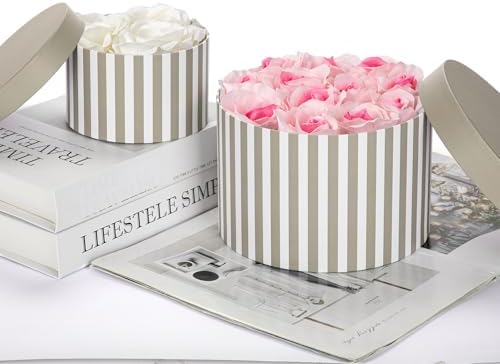 Gift Boxes with Lids for Presents Warm Grey and White Striped Round Box for Flower Arrangements Set of 4 Nesting Gift Boxes Bulk for Bridesmaid, Proposal, Wedding, Birthday, Party Favor Graduation