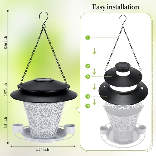 Solar Bird Feeders for Outside Hanging Metal Wild Bird Feeder Solar Lanterns Outdoor Waterproof Garden Decor for Yard White