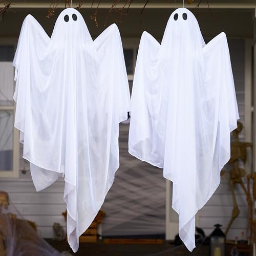 JOYIN 2 Pcs 47” Halloween Hanging Light up Ghost Decorations Outdoor, Halloween White Hanging Ghosts with Purple LED Lights for Haunted House Prop, Party Supplies, Front Yard Patio Garden Decor