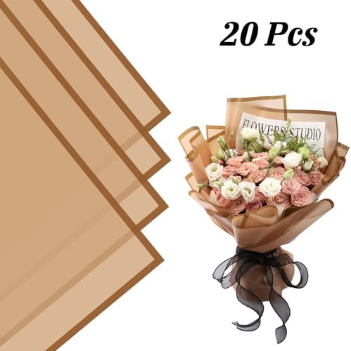 Rumvan Flower Wrapping Paper, 20 Sheets, Waterproof, Floral Bouquet Design, for Wedding, Birthday Gift, DIY Florist Supplies (Translucent white) (coffee colour, 20 Sheets)