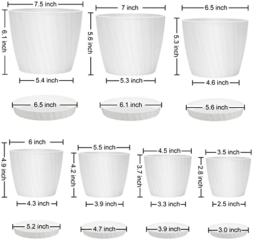 YNNICO 7 pcs Plant Pots with Drainage Holes and Saucers, Indoor Planters, Set of 7 (7.5, 7, 6.5, 6, 5.5, 4.5, 3.5 Inches), White