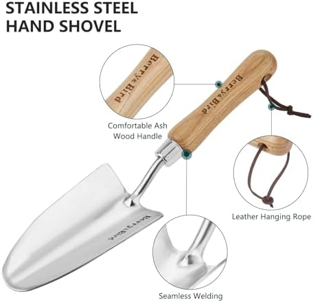 Berry&Bird Stainless Steel Trowel, Garden Small Flower Hand Shovel, Potting Soils Scoop with Wood Handle, Gardening Bonsai Tools for Transplanting Digging Weeding Planting