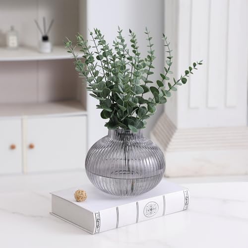 Black Glass Vase for Tulips, Ribbed Glass Vase for Flowers, Round Flower Vases, Small Short Vases for Living Room, Office, Coffee Table, Shelf, Wedding, 6 Inches