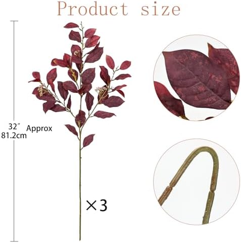32" Artificial Burgundy Fall Euonymus Leaves Stems with Flower Seeds, 3 Pcs