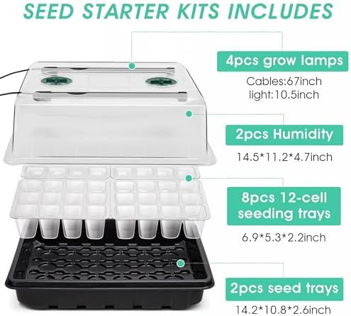 Seed Starter Tray with Grow Light, 96-Cell Seed Starter Kit, Seedling Starter Trays with Humidity Domes, Automatic Timer, Adjustable Light Indoor Gardening Plant Germination Trays
