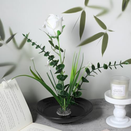 Japanese Ikebana Kit, Ceramic Bowl Vase, Floral Frog Flower Container with Kenzan Needle Straightening Tool, 6.7 Inch & 1.57 Inch Black for Floral Arrangement Art, Home Office Decor