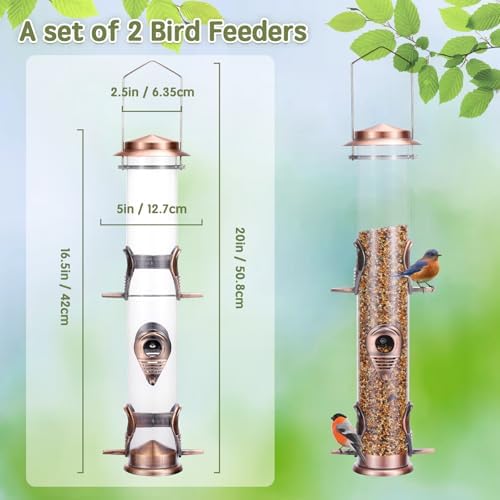 Metal Bird Feeder Tube Hanging Wild Bird Seed Feeder Aluminum Six Port Bird Feeders,1.4 mm Extra Thick Solid Tube Transparent with Steel Hanger Great for Attracting Birds (Antique Copper 2PK)