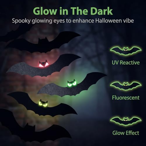 18 PCS Halloween Bat Decorations Outdoor, Black Bat Yard Signs with Glow in The Dark Eyes Stickers, Hanging Halloween Decorations for Lawn, Yard, Trees, Garden, Outdoor Halloween Decor