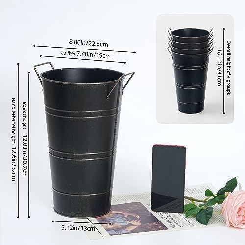 Notakia 12 Inch Large Galvanized Metal Vases Farmhouse French Flower Bucket Vases for Cut Flowers for Home Decor and Wedding Table Centerpiece Decorations (Large Blcak 4Pcs)
