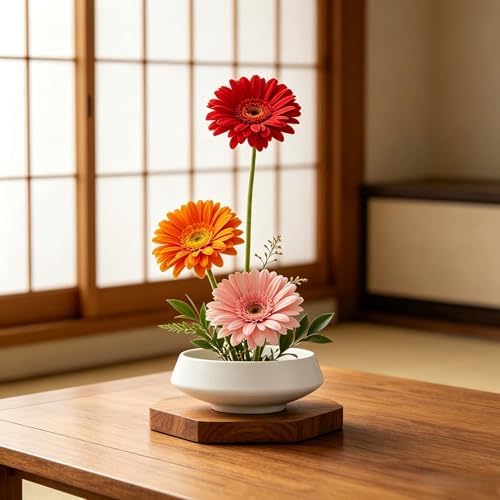 Ikebana vase kit Ceramic Flower Frog Set Kenzan Flower Shallow Bowl Flower Arrangement Kit Zen Decor for Home Office (White Small)