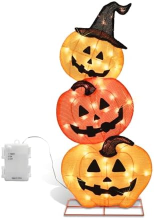 Halloween Lighted Stacked Pumpkins Decoration, Pre-Lit with 50 Warm White Lights Jack-O-Lantern Pumpkins Lights, Halloween Light Up Pumpkin for Indoor, Outdoor, Porch, Yard, 39’’ H