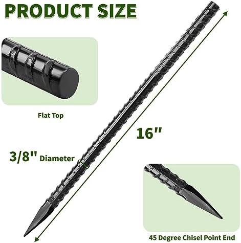 Besitu 16 inches Rebar Stakes Heavy Duty (34-Pack) Metal Spikes for Concrete Timber, Garden Plant, Straight Steel Stakes for Tent, 3/8" Thickness Ground Anchors with Chisel Point End, Black
