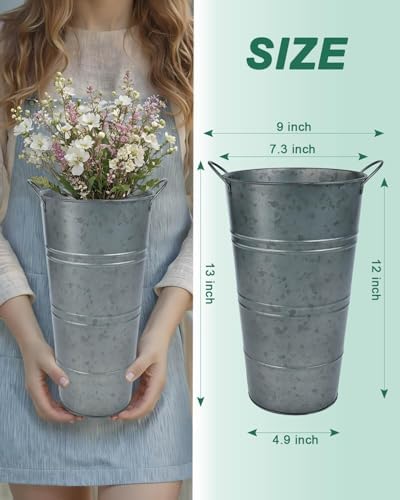 12 Inch Galvanized Metal Vase, 2 Pack Tall Flower Buckets with Handles