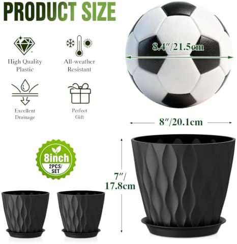 8 Inch Plant Pots 2 Pack, Plastic Pots Drainage Holes & Saucers