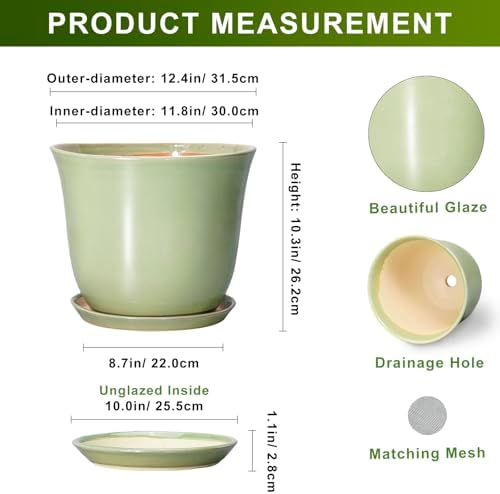Ceramic Planter, 12 Inch Plant Pot for Indoor Plants, Green