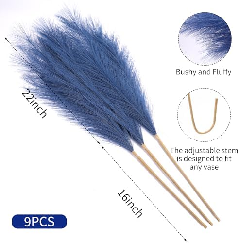 Wertuirk 9 Stems Blue Pampas Grass - 38 Inch Tall Faux Pompous Grass Decor
