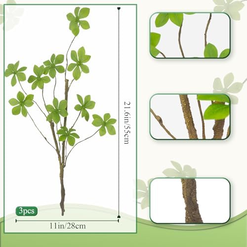 CISDUEO 3 Pcs Artificial Green Leaves Stem Plants Faux Floral Stems Fake Leaves Silk Artificial Greenery Branches with Long Stem for Vases Farmhouse Centerpiece Home Office Party Wedding Shop Decor