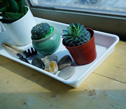 VUWEZ 2 Pack of Plastic Plant Tray Saucer Rectangular 17 18 inch, Pot Trays Saucers for Indoors Outdoor, Plant Water Drip Tray for Flower, Windowsill Planter Trays (7.8 X 17.5'', Cream White)