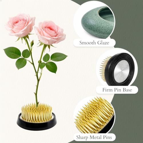 Japanese Flower Frog Vase Set – Japanese Artisan Celadon Glaze Flower Vase with Flower Frog, Modern Flower Arrangement Pot for Living Room Decor & Art Supplies, Gift Box for Flower Lover